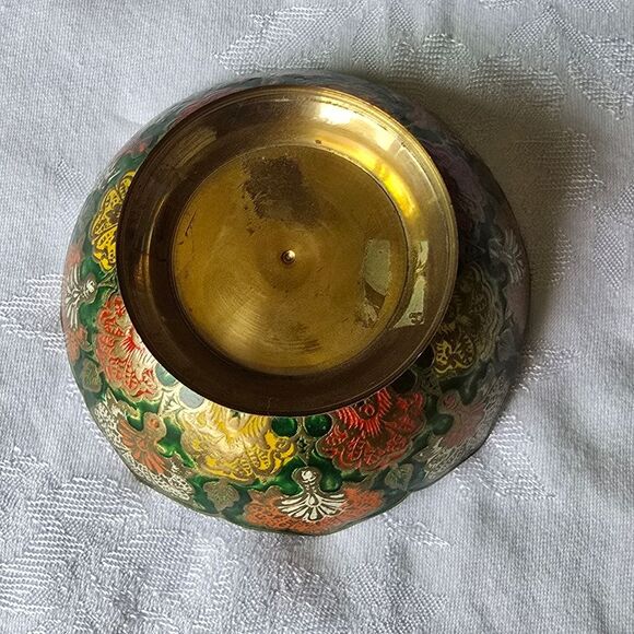 Vintage Hand Painted Floral Decorative Brass Bowl Made in India Catchall - Picture 6 of 8